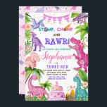 Girl Dinosaur Three-Rex 3rd Birthday Party Pink In Invitation<br><div class="desc">Cute birthday invitation in style. 
Theme: Girl Dinosaur Party.
Occasion: 3rd Birthday.
Style: Cute,  Cheerful,  Fun,  Elegant.
Colours: Pink,  Purple,  Green,  Turquoise.
Graphics: Cute Watercolour Dinosaurs,  Tropical Trees,  Birthday Cake.</div>