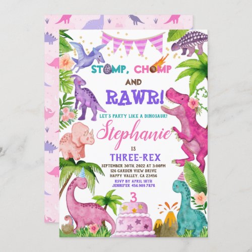 Girl Dinosaur Three_Rex 3rd Birthday Party Pink In Invitation