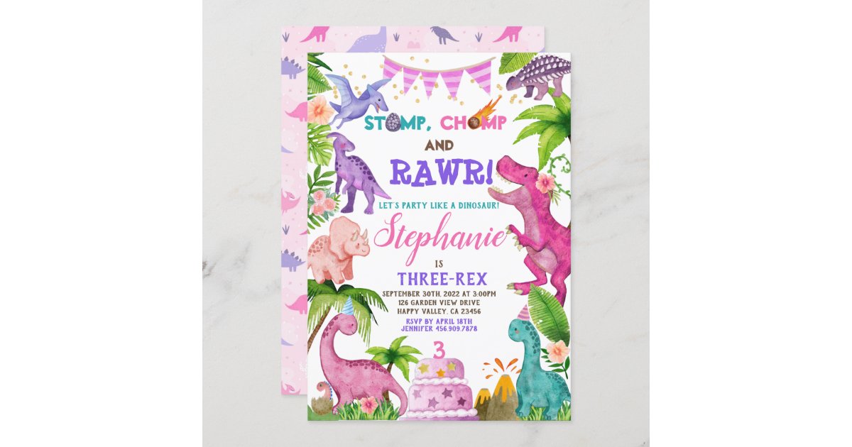 Dinosaur T-Rex Pool Party Girl Pink Birthday Invitation