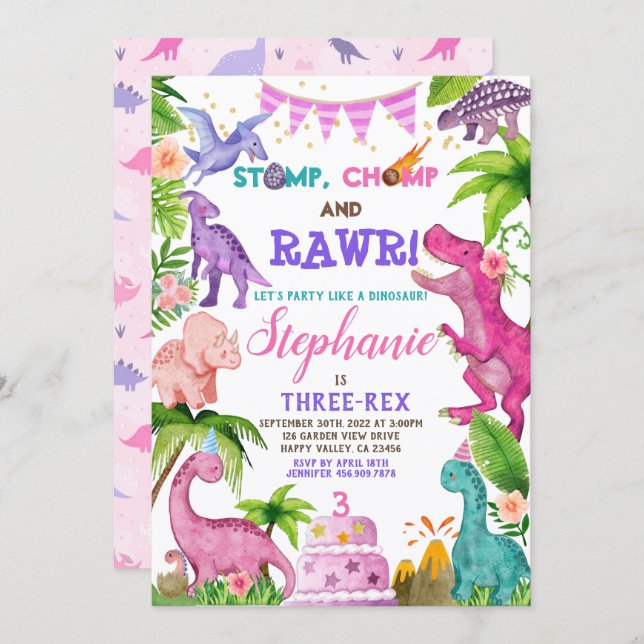 Girl Dinosaur Three-Rex 3rd Birthday Party Pink In Invitation (Front/Back)