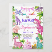 Girl Dinosaur Three-Rex 3rd Birthday Party Pink In Invitation (Front)