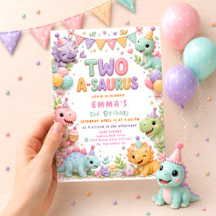 Girl Dinosaur Two-A-Saurus 2nd Birthday Party Invitation