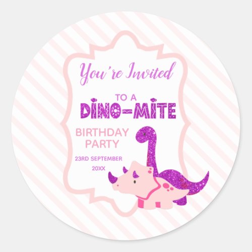 Girl Dinosaur Youre Invited to a Birthday Party  Classic Round Sticker