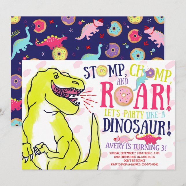 Girl Dinosaurs and Donuts Birthday Invitation (Front/Back)