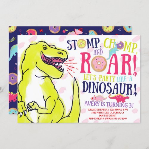 Girl Dinosaurs and Donuts Birthday Invitation