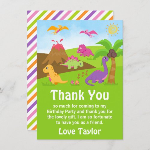 Girl Dinosaurs Birthday Party Thank You Card