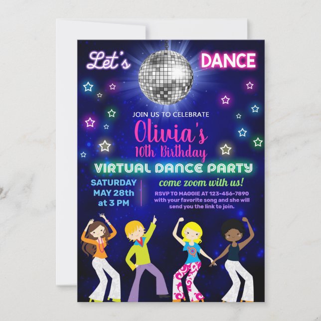 Girl disco dance party, virtual dance party. invitation (Front)