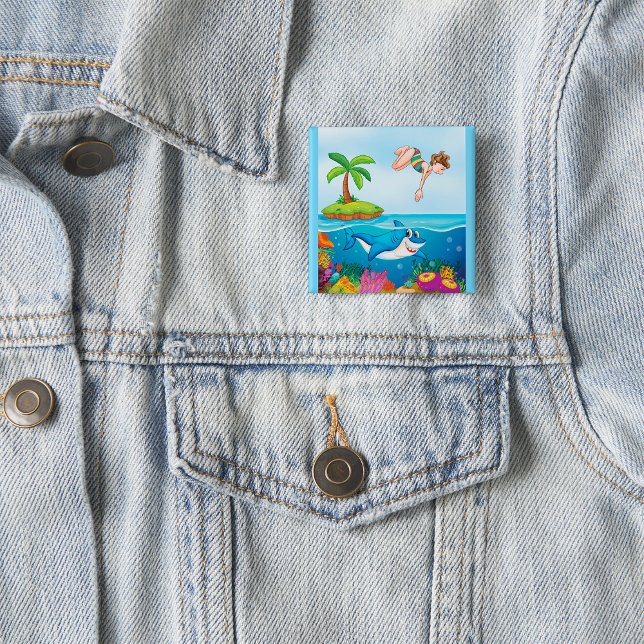Girl Diving Into Ocean Friendly Shark Coral Reef Button (Creator Uploaded)
