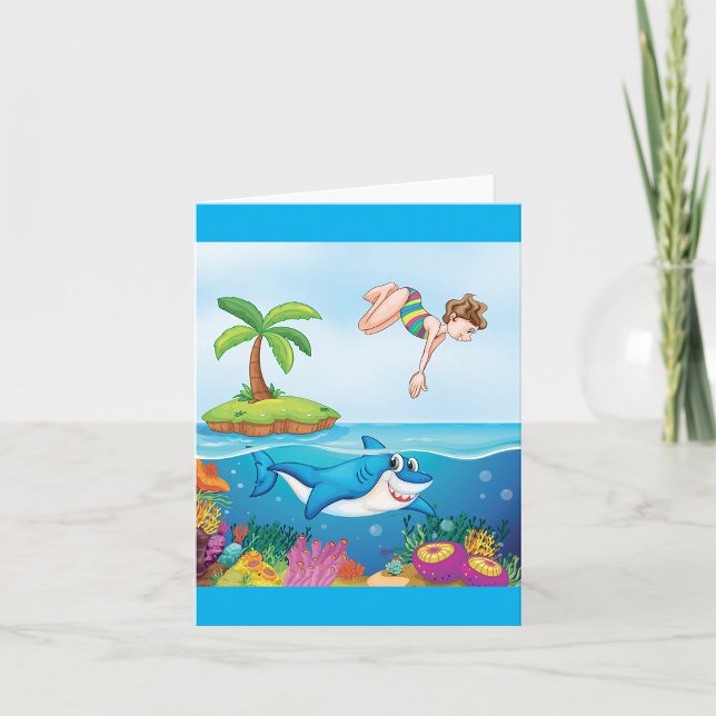 Girl Diving Into Ocean Friendly Shark Coral Reef Card (Creator Uploaded)