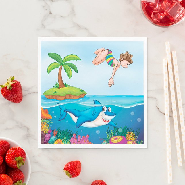 Girl Diving Into Ocean Friendly Shark Coral Reef Napkins (Creator Uploaded)