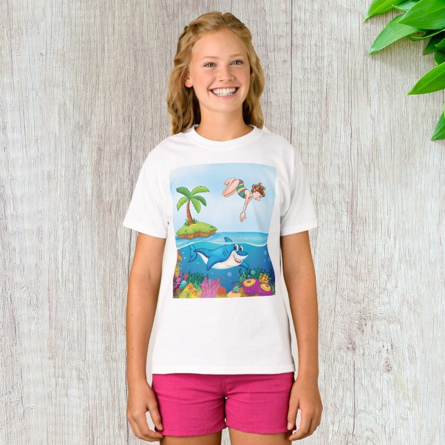 Girl Diving Into Ocean Friendly Shark Coral Reef T-Shirt (Creator Uploaded)