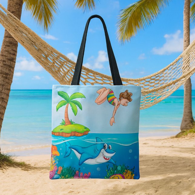 Girl Diving Into Ocean Friendly Shark Coral Reef Tote Bag (Creator Uploaded)