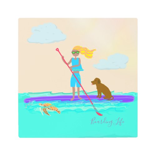 Girl Dog Paddleboard Sea Turtle Illustrated Art