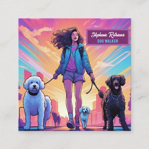 Girl Dog Walker Pet Sitter In Blue Jacket Pink Square Business Card