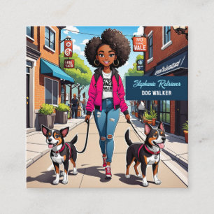 Girl Dog Walker Pet Sitter In Fuchsia Pink Jacket Square Business Card