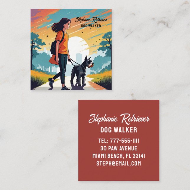Girl Dog Walker Pet Sitter In Orange T-shirt Square Business Card (Front/Back)
