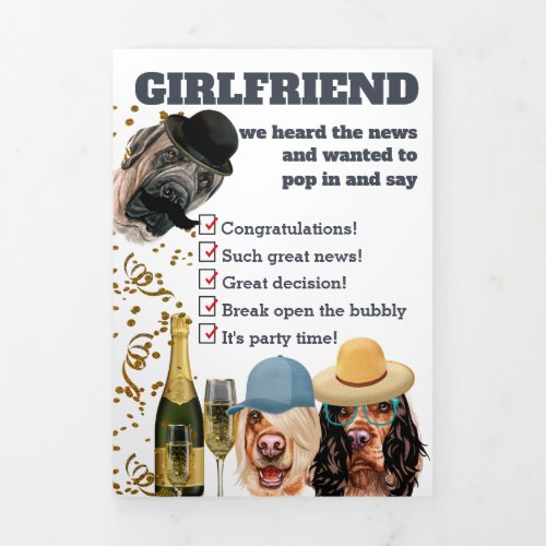 Girl dogs champagne congratulations engagement Tri_Fold holiday card