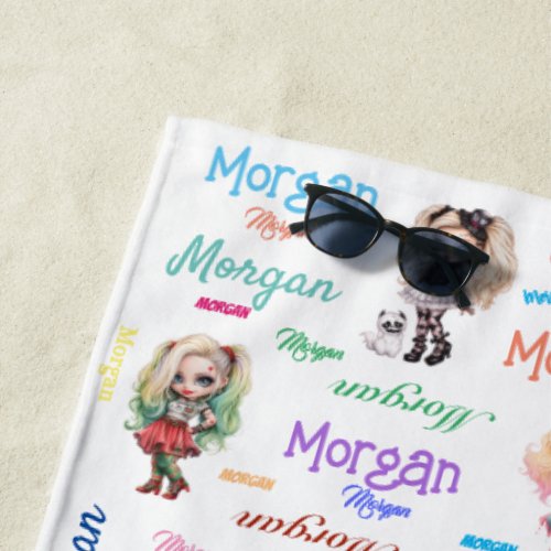 Girl Doll Spooky Halloween Theme with Name Beach Towel