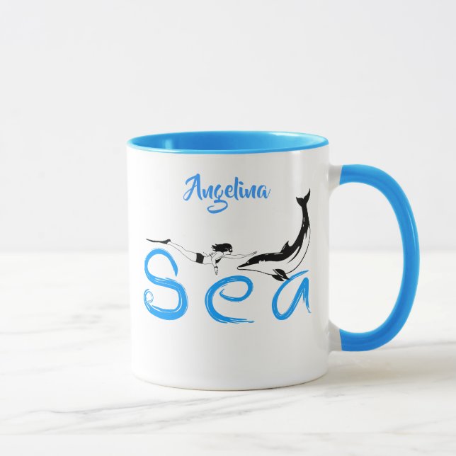 Girl, Dolphin, Sea funny elegant customizable Mug (Right)