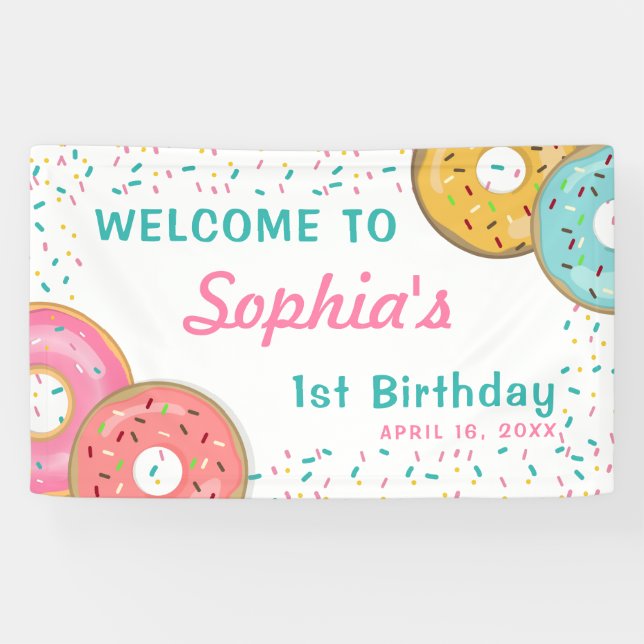 Girl Donut 1st Birthday Party confetti Banner (Horizontal)