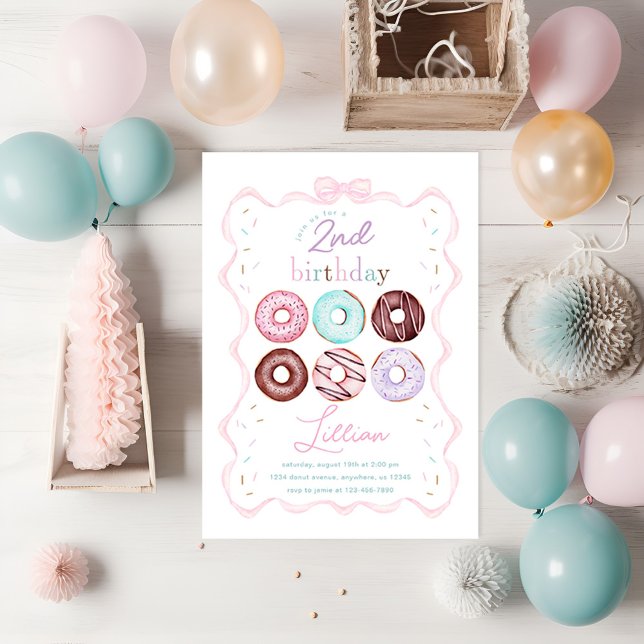 Girl Donut and Pink Bow Birthday Party Invitation (Creator Uploaded)