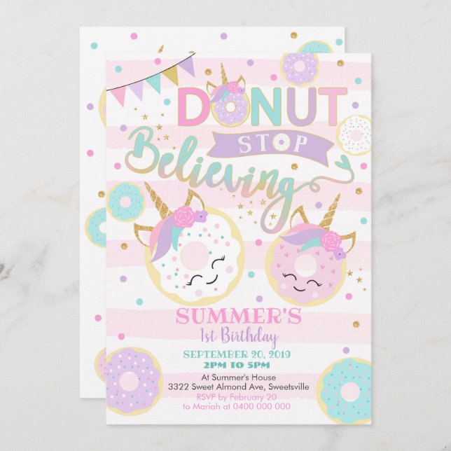 Girl Donut Unicorn 1st Birthday Invitation (Front/Back)