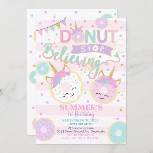 Girl Donut Unicorn 1st Birthday Invitation