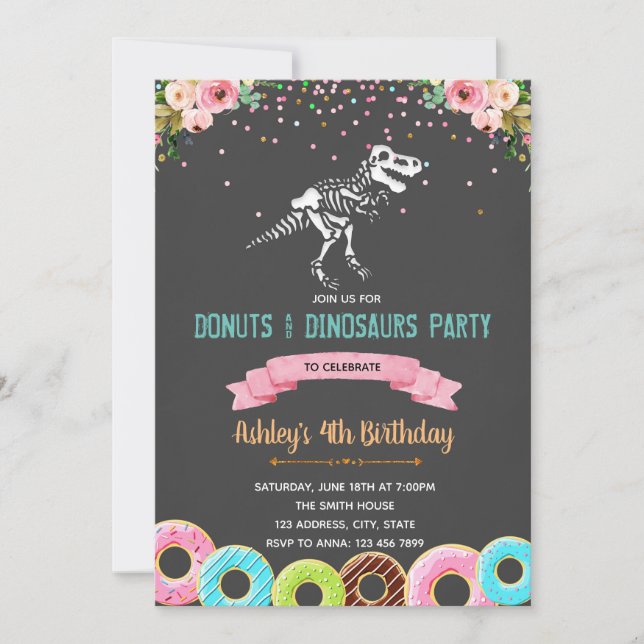 Girl donuts dinosaur birthday invitation (Front)