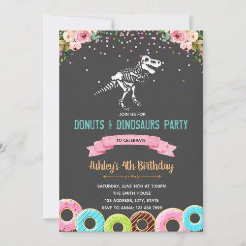 Girl donuts dinosaur birthday invitation
