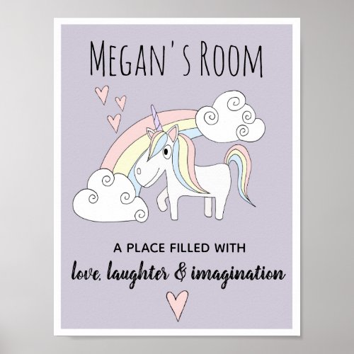 Girl Doodle Unicorn Hearts Name Nursery Childrens Poster