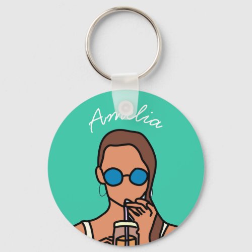 Girl drinking bubble tea modern teen keychain