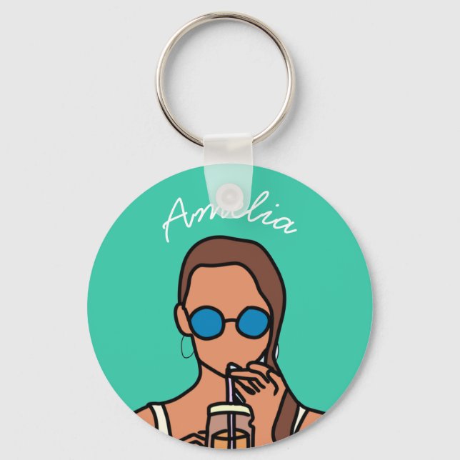 Girl drinking bubble tea modern teen keychain (Front)