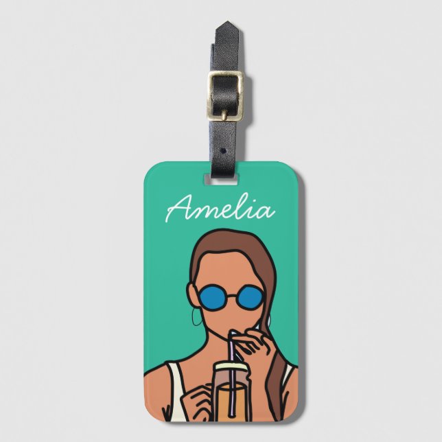 Girl drinking bubble tea modern teen luggage tag (Front Vertical)