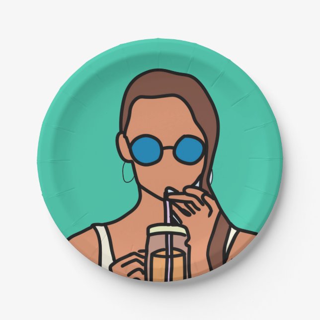 Girl drinking bubble tea modern teen paper plates (Front)