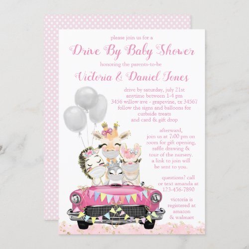 Girl Drive By Baby Shower Cute Animals in Car Invitation