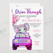 Girl Drive By Baby Shower Elephant Pink Purple Invitation (Front/Back)