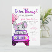 Girl Drive By Baby Shower Elephant Pink Purple Invitation (Standing Front)