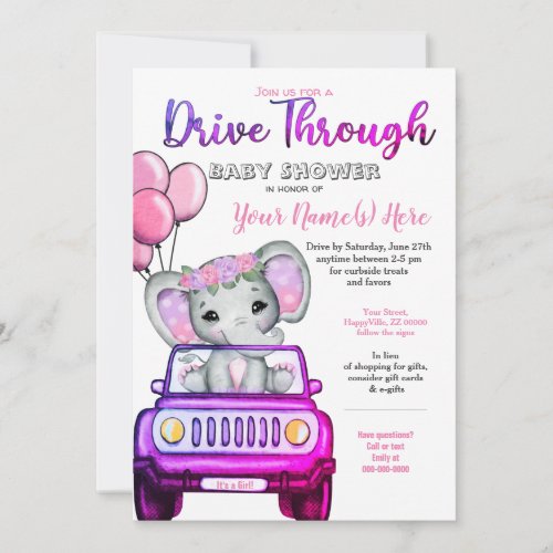 Girl Drive By Baby Shower Elephant Pink Purple Invitation