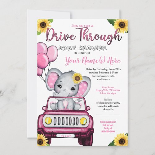 Girl Drive By Baby Shower Elephant Sunflower Invitation
