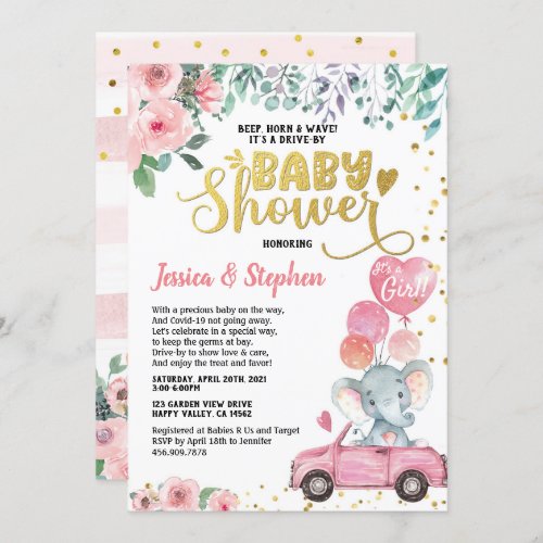 Girl Drive By Baby Shower Parade Pink Elephant Invitation