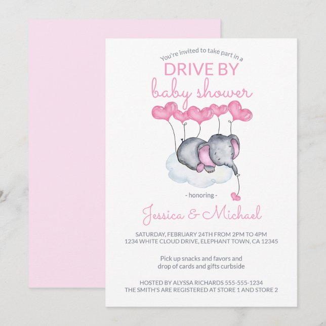 Girl Drive By Baby Shower Pink Elephant on Cloud Invitation (Front/Back)