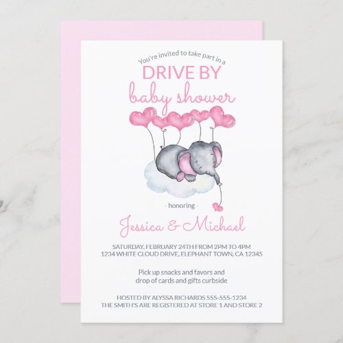 Girl Drive By Baby Shower Pink Elephant on Cloud Invitation