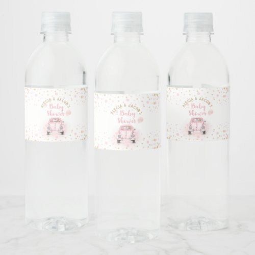 Girl Drive By Baby Shower Pink Gold Car Favor Water Bottle Label