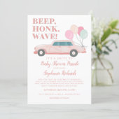 Girl Drive By Baby Shower Pink Vintage Car Invitation (Standing Front)