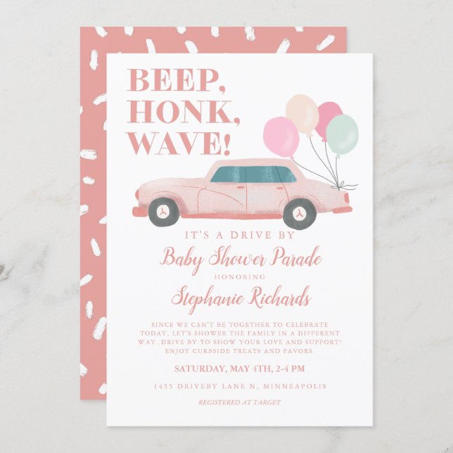 Girl Drive By Baby Shower Pink Vintage Car Invitation (Front/Back)
