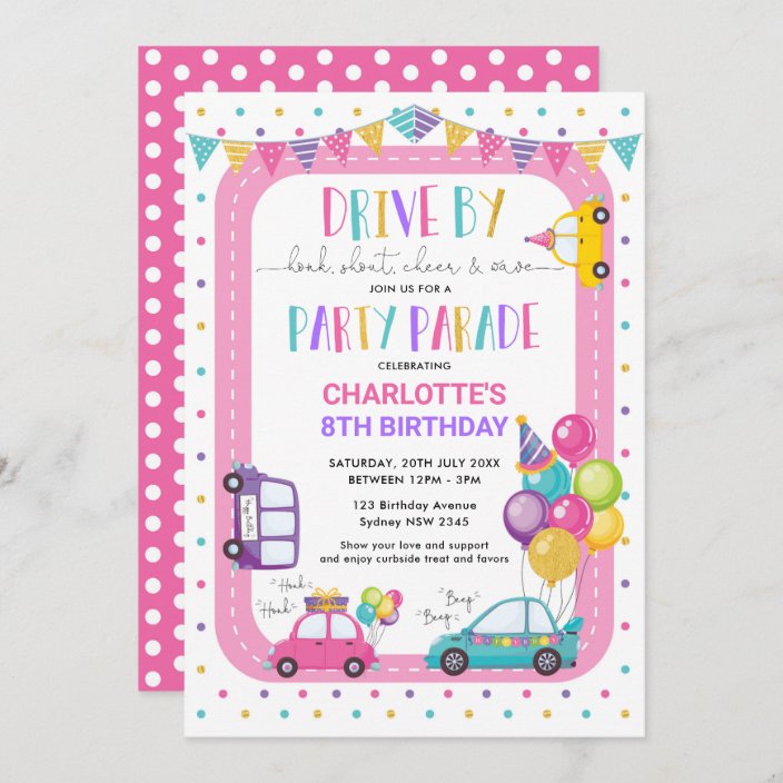girl drive by birthday parade quarantine party invitation zazzle com