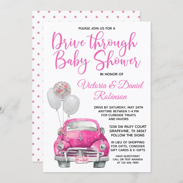 Girl Drive Through Baby Shower Car Invitation (Front/Back)