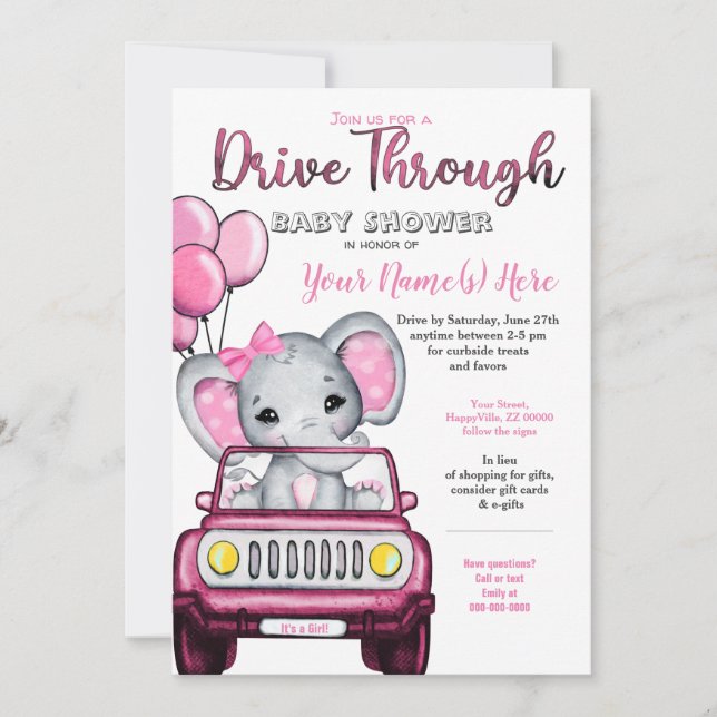 Girl Drive Through Baby Shower Elephant in Car Invitation (Front)