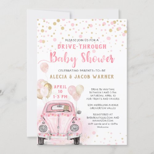Girl Drive Through Baby Shower Pink Gold Car Invitation