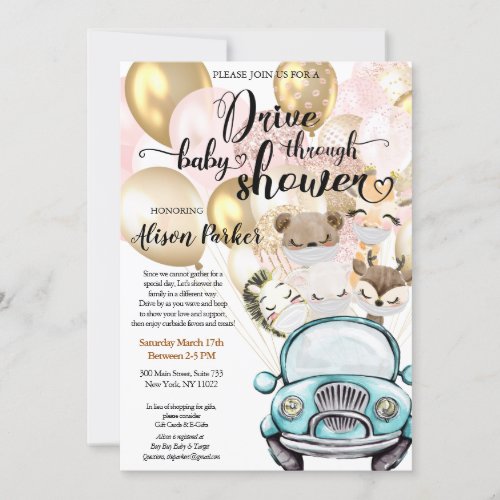 Girl Drive Through Baby Shower  Safari Friends Invitation